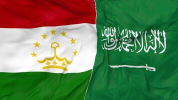 KSA, Kingdom of Saudi Arabia and Tajikistan Flags Together Seamless Looping Background, Looped Bump Texture Cloth Waving Slow Motion, 3D Rendering video