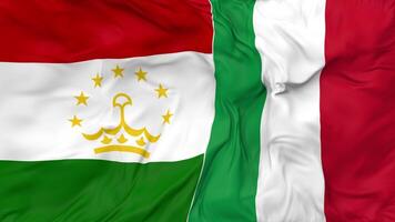 Italia y Tayikistán banderas juntos sin costura bucle fondo, serpenteado bache textura paño ondulación lento movimiento, 3d representación video