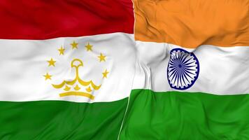 India and Tajikistan Flags Together Seamless Looping Background, Looped Bump Texture Cloth Waving Slow Motion, 3D Rendering video