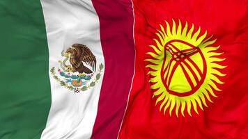 mexico y Kirguistán banderas juntos sin costura bucle fondo, serpenteado bache textura paño ondulación lento movimiento, 3d representación video