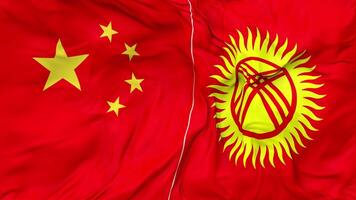 China and Kyrgyzstan Flags Together Seamless Looping Background, Looped Bump Texture Cloth Waving Slow Motion, 3D Rendering video