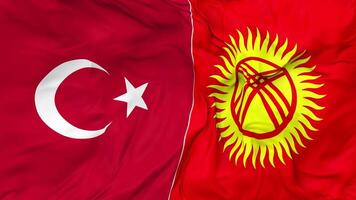 Turquía y Kirguistán banderas juntos sin costura bucle fondo, serpenteado bache textura paño ondulación lento movimiento, 3d representación video