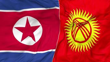 norte Corea y Kirguistán banderas juntos sin costura bucle fondo, serpenteado bache textura paño ondulación lento movimiento, 3d representación video