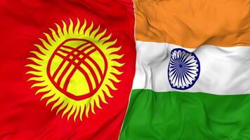 India and Kyrgyzstan Flags Together Seamless Looping Background, Looped Bump Texture Cloth Waving Slow Motion, 3D Rendering video