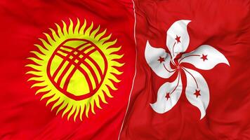 hong Kong en Kirgizië vlaggen samen naadloos looping achtergrond, lusvormige buil structuur kleding golvend langzaam beweging, 3d renderen video
