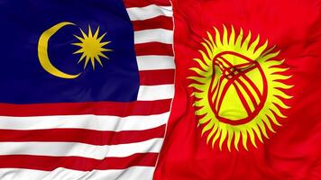 Malásia e Quirguistão bandeiras juntos desatado looping fundo, em loop colisão textura pano acenando lento movimento, 3d Renderização video