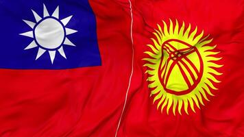 Taiwán y Kirguistán banderas juntos sin costura bucle fondo, serpenteado bache textura paño ondulación lento movimiento, 3d representación video
