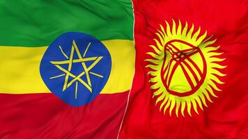Etiópia e Quirguistão bandeiras juntos desatado looping fundo, em loop colisão textura pano acenando lento movimento, 3d Renderização video