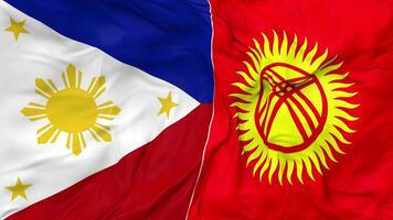 Filipinas y Kirguistán banderas juntos sin costura bucle fondo, serpenteado bache textura paño ondulación lento movimiento, 3d representación video