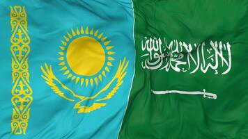 ksa, Reino de saudi arabia y Kazajstán banderas juntos sin costura bucle fondo, serpenteado bache textura paño ondulación lento movimiento, 3d representación video