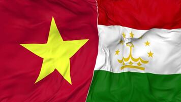 Vietnam and Tajikistan Flags Together Seamless Looping Background, Looped Bump Texture Cloth Waving Slow Motion, 3D Rendering video