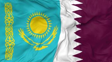 Qatar and Kazakhstan Flags Together Seamless Looping Background, Looped Bump Texture Cloth Waving Slow Motion, 3D Rendering video
