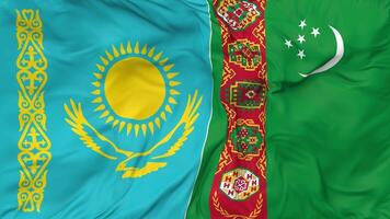 Turkmenistan und Kasachstan Flaggen zusammen nahtlos Schleifen Hintergrund, geloopt stoßen Textur Stoff winken schleppend Bewegung, 3d Rendern video