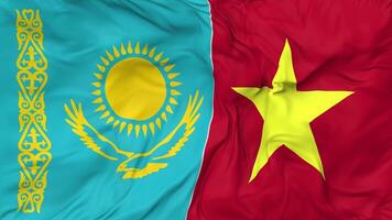 Vietnam and Kazakhstan Flags Together Seamless Looping Background, Looped Bump Texture Cloth Waving Slow Motion, 3D Rendering video