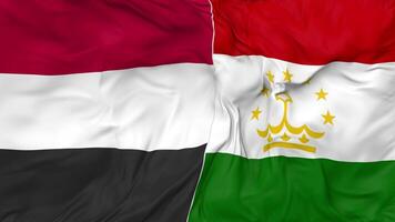 Yemen y Tayikistán banderas juntos sin costura bucle fondo, serpenteado bache textura paño ondulación lento movimiento, 3d representación video