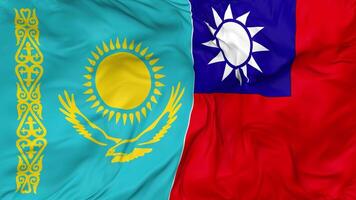 Taiwán y Kazajstán banderas juntos sin costura bucle fondo, serpenteado bache textura paño ondulación lento movimiento, 3d representación video