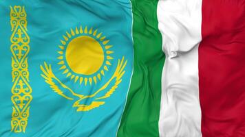 Italy and Kazakhstan Flags Together Seamless Looping Background, Looped Bump Texture Cloth Waving Slow Motion, 3D Rendering video