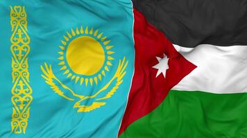 Jordan and Kazakhstan Flags Together Seamless Looping Background, Looped Bump Texture Cloth Waving Slow Motion, 3D Rendering video