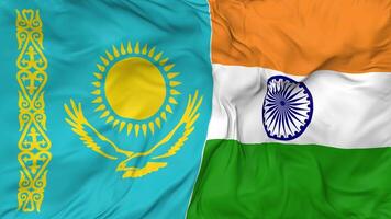 India and Kazakhstan Flags Together Seamless Looping Background, Looped Bump Texture Cloth Waving Slow Motion, 3D Rendering video