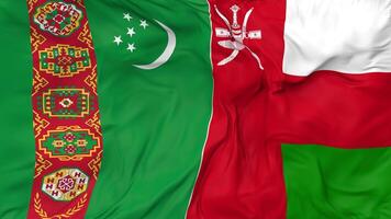 Oman and Turkmenistan Flags Together Seamless Looping Background, Looped Bump Texture Cloth Waving Slow Motion, 3D Rendering video