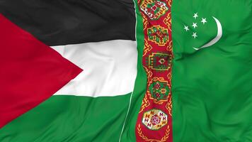 Palestine and Turkmenistan Flags Together Seamless Looping Background, Looped Bump Texture Cloth Waving Slow Motion, 3D Rendering video