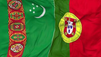 Portugal and Turkmenistan Flags Together Seamless Looping Background, Looped Bump Texture Cloth Waving Slow Motion, 3D Rendering video