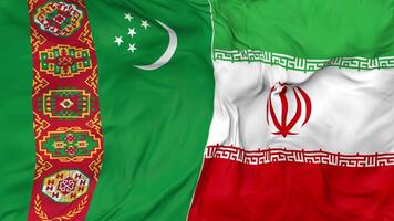 Iran and Turkmenistan Flags Together Seamless Looping Background, Looped Bump Texture Cloth Waving Slow Motion, 3D Rendering video