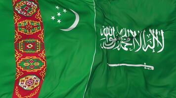 KSA, Kingdom of Saudi Arabia and Turkmenistan Flags Together Seamless Looping Background, Looped Bump Texture Cloth Waving Slow Motion, 3D Rendering video