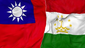 Taiwan and Tajikistan Flags Together Seamless Looping Background, Looped Bump Texture Cloth Waving Slow Motion, 3D Rendering video