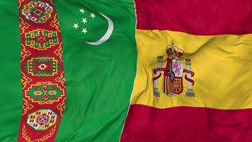 Spain and Turkmenistan Flags Together Seamless Looping Background, Looped Bump Texture Cloth Waving Slow Motion, 3D Rendering video