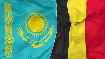 Belgium and Kazakhstan Flags Together Seamless Looping Background, Looped Bump Texture Cloth Waving Slow Motion, 3D Rendering video