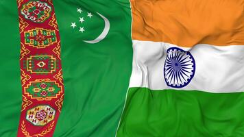 India and Turkmenistan Flags Together Seamless Looping Background, Looped Bump Texture Cloth Waving Slow Motion, 3D Rendering video