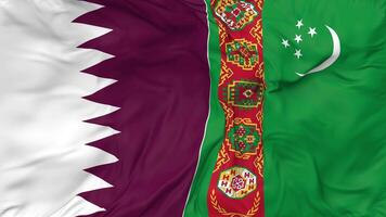 Qatar et turkménistan drapeaux ensemble sans couture boucle arrière-plan, en boucle bosse texture tissu agitant lent mouvement, 3d le rendu video