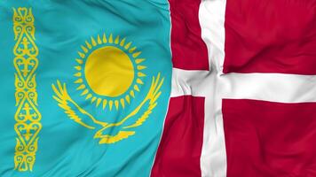 Denmark and Kazakhstan Flags Together Seamless Looping Background, Looped Bump Texture Cloth Waving Slow Motion, 3D Rendering video