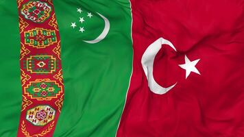 Turkey and Turkmenistan Flags Together Seamless Looping Background, Looped Bump Texture Cloth Waving Slow Motion, 3D Rendering video