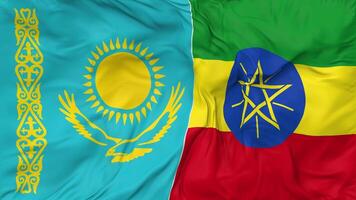 Ethiopia and Kazakhstan Flags Together Seamless Looping Background, Looped Bump Texture Cloth Waving Slow Motion, 3D Rendering video