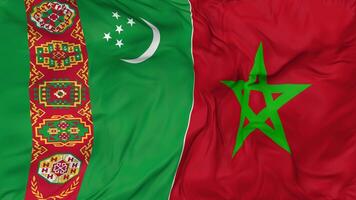 Morocco and Turkmenistan Flags Together Seamless Looping Background, Looped Bump Texture Cloth Waving Slow Motion, 3D Rendering video