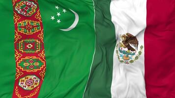 Mexico and Turkmenistan Flags Together Seamless Looping Background, Looped Bump Texture Cloth Waving Slow Motion, 3D Rendering video