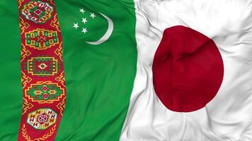 Japão e Turquemenistão bandeiras juntos desatado looping fundo, em loop colisão textura pano acenando lento movimento, 3d Renderização video