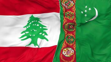 Líbano y Turkmenistán banderas juntos sin costura bucle fondo, serpenteado bache textura paño ondulación lento movimiento, 3d representación video
