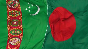 Bangladesh y Turkmenistán banderas juntos sin costura bucle fondo, serpenteado bache textura paño ondulación lento movimiento, 3d representación video