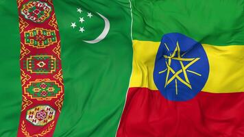 Ethiopia and Turkmenistan Flags Together Seamless Looping Background, Looped Bump Texture Cloth Waving Slow Motion, 3D Rendering video