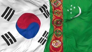 South Korea and Turkmenistan Flags Together Seamless Looping Background, Looped Bump Texture Cloth Waving Slow Motion, 3D Rendering video