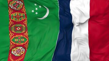 Francia y Turkmenistán banderas juntos sin costura bucle fondo, serpenteado bache textura paño ondulación lento movimiento, 3d representación video