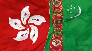 Hong Kong and Turkmenistan Flags Together Seamless Looping Background, Looped Bump Texture Cloth Waving Slow Motion, 3D Rendering video