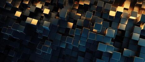 AI generated Dark blue and gold cube or tile mosaic, forming an abstract background with a luxurious feel, Ai Generated photo