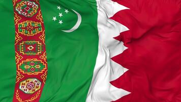 Bahrain and Turkmenistan Flags Together Seamless Looping Background, Looped Bump Texture Cloth Waving Slow Motion, 3D Rendering video