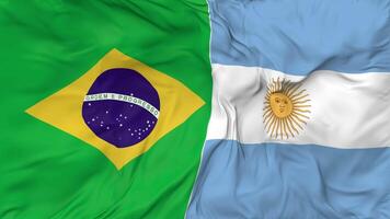 Brazil and Argentina Flags Together Seamless Looping Background, Looped Bump Texture Cloth Waving Slow Motion, 3D Rendering video