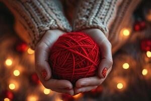 AI generated Hands cradle a red yarn ball in a warm, cozy light setting, Ai Generated photo