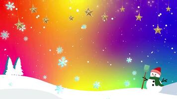 Snow falling on a snowman in a winter landscape against the stars in the night sky. Christmas celebration video
